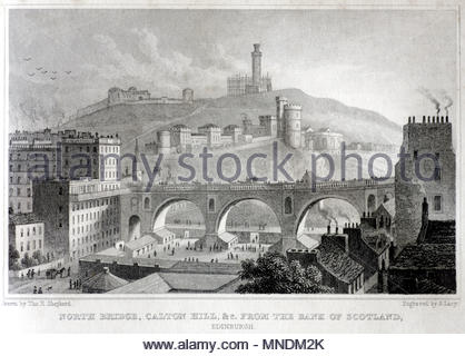 North Bridge, Calton Hill dalla Bank of Scotland, Edimburgo, antica incisione da 1829 Foto Stock
