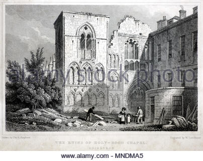 Le rovine della cappella di Holyrood, Edimburgo, antica incisione da 1829 Foto Stock