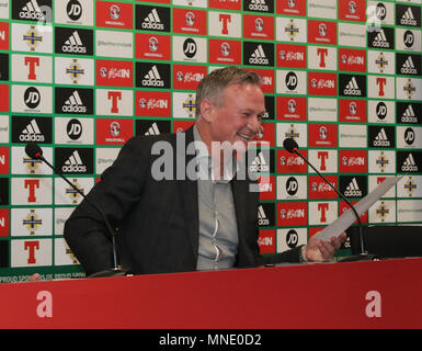 Windsor Park, Belfast, Irlanda del Nord, Regno Unito. 16 maggio 2018. Irlanda del Nord manager Michael O'Neill ha annunciato la sua squadra oggi per le prossime amichevoli internazionali in America centrale. Irlanda del Nord giocherà Panama (in Panama City) mercoledì 30 maggio 2018, e poi la Costa Rica (in San Jose) Domenica 03 giugno 2018. Credito: David Hunter/ Alamy Live News. Foto Stock