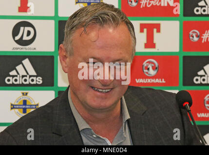 Windsor Park, Belfast, Irlanda del Nord, Regno Unito. 16 maggio 2018. Irlanda del Nord manager Michael O'Neill ha annunciato la sua squadra oggi per le prossime amichevoli internazionali in America centrale. Irlanda del Nord giocherà Panama (in Panama City) mercoledì 30 maggio 2018, e poi la Costa Rica (in San Jose) Domenica 03 giugno 2018. Credito: David Hunter/ Alamy Live News. Foto Stock