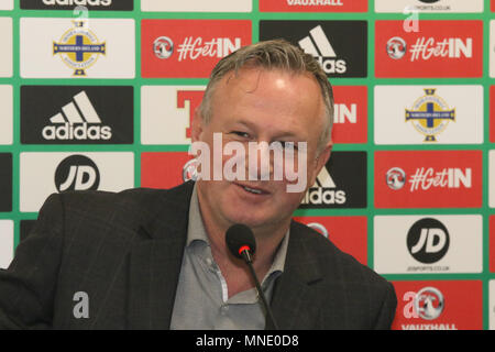 Windsor Park, Belfast, Irlanda del Nord, Regno Unito. 16 maggio 2018. Irlanda del Nord manager Michael O'Neill ha annunciato la sua squadra oggi per le prossime amichevoli internazionali in America centrale. Irlanda del Nord giocherà Panama (in Panama City) mercoledì 30 maggio 2018, e poi la Costa Rica (in San Jose) Domenica 03 giugno 2018. Credito: David Hunter/ Alamy Live News. Foto Stock