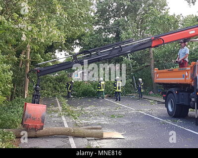 16 maggio 2018, Germania, Schwalmtal: alberi caduti giacente sulla strada dopo una tempesta di vento. In fondo è una casa danneggiata. Il tornado ha, secondo le autorità, un 'causarono un percorso di distruzione'. Almeno una persona è stata gravemente ferito dalla tempesta. Foto: Theo Titz/dpa Foto Stock