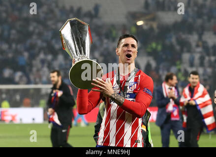 Fernando Torres di Atletico Madrid con Coppa Europa Trofeo durante la UEFA Europa League match finale tra Marsiglia e Atletico Madrid presso il Parc Olympique Lyonnais il 16 maggio 2018 a Lione, in Francia. (Foto di Leila Coker/phcimages.com) Foto Stock