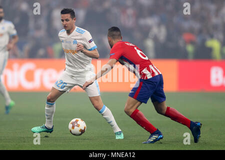Florian Thauvin di Marsiglia e Koke di Atletico Madrid durante la UEFA Europa League match finale tra Marsiglia e Atletico Madrid presso il Parc Olympique Lyonnais il 16 maggio 2018 a Lione, in Francia. (Foto di Daniel Chesterton/phcimages.com) Foto Stock