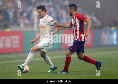 Florian Thauvin di Marsiglia e Koke di Atletico Madrid durante la UEFA Europa League match finale tra Marsiglia e Atletico Madrid presso il Parc Olympique Lyonnais il 16 maggio 2018 a Lione, in Francia. (Foto di Daniel Chesterton/phcimages.com) Foto Stock