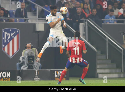 La Giordania Amavi di Marsiglia e Angel Correa di Atletico Madrid durante la UEFA Europa League match finale tra Marsiglia e Atletico Madrid presso il Parc Olympique Lyonnais il 16 maggio 2018 a Lione, in Francia. (Foto di Leila Coker/phcimages.com) Foto Stock