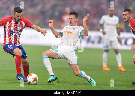 Florian Tristan Mariano Thauvin di Olympique De Marseille e Jorge Koke Merodio Resurreccion di Atletico de Madrid durante la UEFA Europa League" finale, match tra Olympique De Marseille 0-3 Atletico de Madrid a Stade de Lyon il 16 maggio 2018 a Lione, Italia. Credito: Maurizio Borsari/AFLO/Alamy Live News Foto Stock