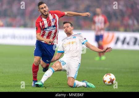 Florian Tristan Mariano Thauvin di Olympique De Marseille e Jorge Koke Merodio Resurreccion di Atletico de Madrid durante la UEFA Europa League" finale, match tra Olympique De Marseille 0-3 Atletico de Madrid a Stade de Lyon il 16 maggio 2018 a Lione, Italia. Credito: Maurizio Borsari/AFLO/Alamy Live News Foto Stock
