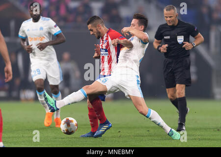 Jorge Koke Merodio Resurreccion di Atletico de Madrid e Florian Tristan Mariano Thauvin di Olympique De Marseille durante UEFA Europa League" finale, match tra Olympique De Marseille 0-3 Atletico de Madrid a Stade de Lyon il 16 maggio 2018 a Lione, Italia. Credito: Maurizio Borsari/AFLO/Alamy Live News Foto Stock