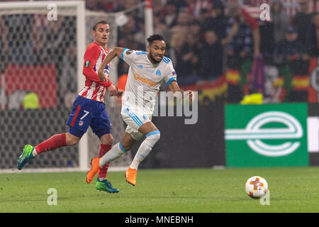 La Giordania Kevin Amavi di Olympique de MarseilleAntoine Griezmann di Atletico de Madrid durante la UEFA Europa League" finale, match tra Olympique De Marseille 0-3 Atletico de Madrid a Stade de Lyon il 16 maggio 2018 a Lione, Italia. Credito: Maurizio Borsari/AFLO/Alamy Live News Foto Stock