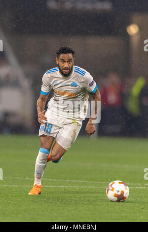 La Giordania Kevin Amavi di Olympique De Marseille durante UEFA Europa League" finale, match tra Olympique De Marseille 0-3 Atletico de Madrid a Stade de Lyon il 16 maggio 2018 a Lione, Italia. Credito: Maurizio Borsari/AFLO/Alamy Live News Foto Stock