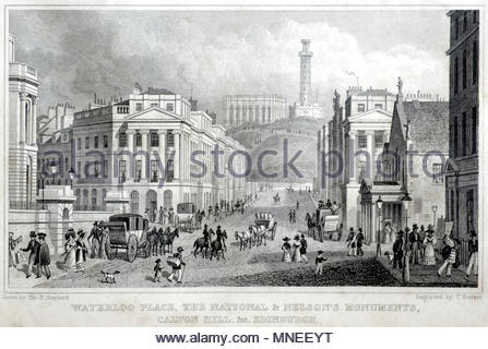 Waterloo Place, il National & Nelson monumenti, Calton Hill, Edimburgo, antica incisione da 1829 Foto Stock