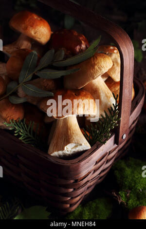 Funghi porcini nel cesto su uno sfondo di legno decorato con foglie e muschio Foto Stock