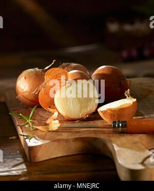 Le cipolle su un tagliere di legno Foto Stock
