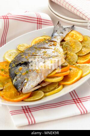 Orata al forno agli agrumi (orata con gli agrumi, Italia) Foto Stock