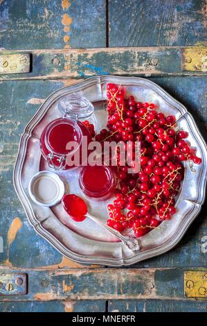 Marmellata di ribes in vasetti di vetro su una piastra di metallo Foto Stock