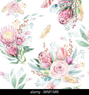 Disegno a mano perfetta acquerello motivi floreali con protea rose, foglie, rami e fiori. Bohemian oro rosa prorea pattern. Sfondo per il GRE Foto Stock