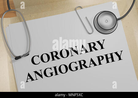 3D illustrazione di angiografia coronarica titolo su un documento medico Foto Stock