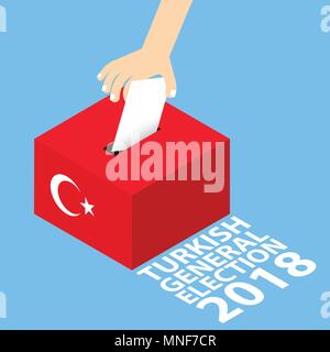 Bagno turco alle elezioni generali 2018 illustrazione vettoriale di tipo piatto - mettendo mano carta di voto in urne Illustrazione Vettoriale
