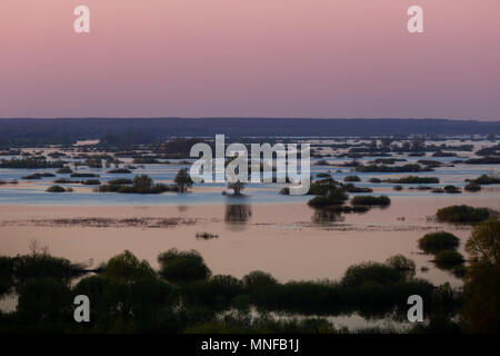 Paesaggio antenna vista al tramonto sul fiume Desna allagato con prati e campi. Vista dall'alto sulla banca annuale di primavera 2018 overflow. Novgorod-Siversky, Regno Unito Foto Stock