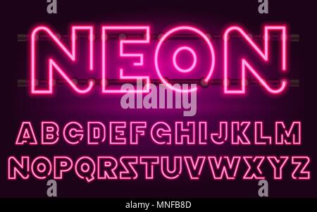 80 s al neon color porpora font retrò. Il futuristico cromo lettere. Alfabeto luminoso su sfondo scuro. Simboli di luce segno per spettacolo notturno nel club. concetto di spazio di Galaxy. Insieme di tipi. Versione delineato. Illustrazione Vettoriale