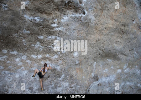 Turisti e visitatori di vivere lo sport arrampicata sulle rocce calcaree di Thailandia Railey Beach. Foto Stock