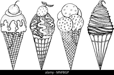 Dolce realistico gelato alla crema con caramello e cono di cialda, cioccolato e lecca lecca e fragola, gelatine di frutta e di anguria. Colori per le vacanze in stile moderno. Incisi disegnati a mano schizzo vintage. Illustrazione Vettoriale