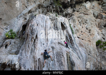 Turisti e visitatori di vivere lo sport arrampicata sulle rocce calcaree di Thailandia Railey Beach. Foto Stock