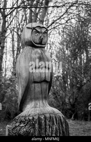 Un legno intagliato gufo in Plessey boschi parco naturale a Bedlington, Northumberland Foto Stock