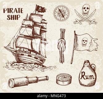 Set di vector vintage disegnati a mano i pirati gli elementi di design. Illustrazione Vettoriale