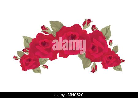 Vintage corona di rose illustrazione vettoriale. Rose rosse isolato ghirlanda di fiori e foglie. Illustrazione Vettoriale