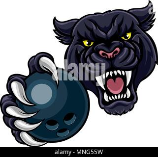 Black Panther tenendo palla da bowling mascotte Illustrazione Vettoriale