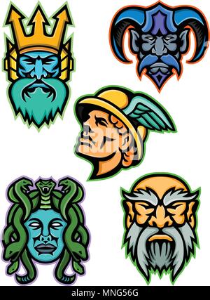 Icona di mascotte Illustrazione gruppo di teste della mitologia greca divinità come Poseidon o Nettuno, Ade, Hermes o mercurio, Medusa, una gorgone, e crono o Kron Illustrazione Vettoriale