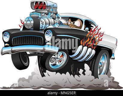 Americano classico stile Anni Cinquanta Hot Rod auto divertente cartone animato con un grande motore, fiamme, fumo pneumatici, spuntano un wheelie, illustrazione vettoriale Illustrazione Vettoriale