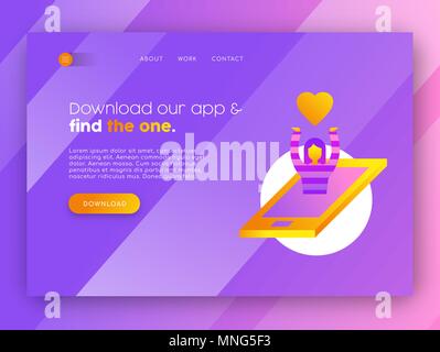 Landing page per online il sito web di incontri. Applicazione mobile internet modello con illustrazione della ragazza innamorata sul telefono. EPS10 vettore. Illustrazione Vettoriale