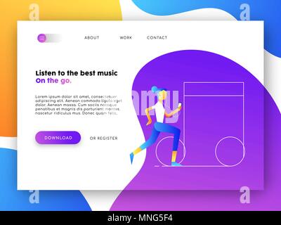 Pagina di destinazione in linea di app Musica. Sito web Internet modello ideale per interfaccia utente mobile con uno stile piatto ragazza illustrazione. EPS10 vettore. Illustrazione Vettoriale