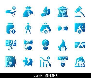 Fallimento silhouette set di icone. Isolato su bianco segno web kit di business. Pittogramma di crisi collezione include declino, debito, crash. Semplice gradien Illustrazione Vettoriale