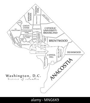 Città moderna mappa - Washington DC città degli Stati Uniti con i quartieri e i titoli mappa di contorno Illustrazione Vettoriale