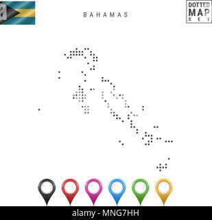 Mappa punteggiata di Bahamas. Semplice Silhouette delle Bahamas. La bandiera nazionale delle Bahamas. Insieme multicolore i marcatori mappa. Illustrazione di vettore isolato su Wh Illustrazione Vettoriale