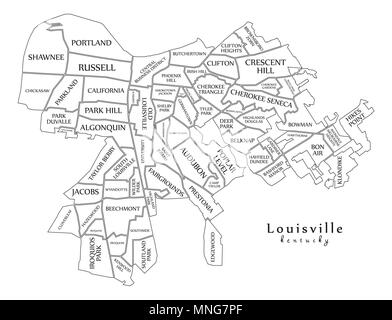 Città moderna mappa - Louisville Kentucky città degli Stati Uniti con i quartieri e i titoli mappa di contorno Illustrazione Vettoriale