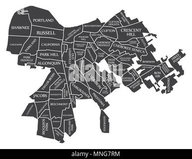 Louisville Kentucky mappa della città USA etichettati illustrazione nero Illustrazione Vettoriale