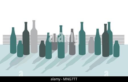 Set di sagome vettoriali delle bottiglie sulla scrivania con ombre, isolati su sfondo bianco - piatto Illustrazione Vettoriale