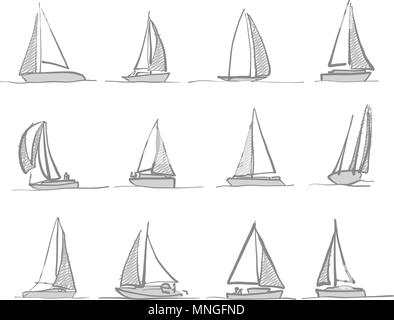 Barca a vela disegni, disegnati a mano le icone Illustrazione Vettoriale