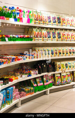 Bulbi di tulipani e altri tulip-doni a tema in vendita nella sala partenze presso l'aeroporto internazionale di Schiphol di Amsterdam, in Olanda. Foto Stock