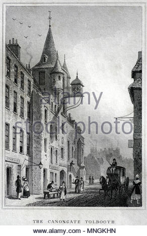 La Canongate Tolbooth, Edimburgo, antica incisione da 1829 Foto Stock