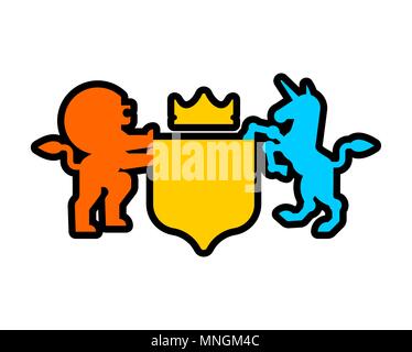 Lion e Unicorn Shield simbolo araldico. Segno animale per stemma. Illustrazione Vettoriale Illustrazione Vettoriale