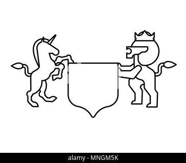 Lion e Unicorn Shield simbolo araldico. Segno animale per stemma. Illustrazione Vettoriale Illustrazione Vettoriale