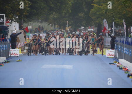 Non Stanford, Emma Moffatt e Jodie Stimpson inserire la zona di transizione durante le Donne Elite la corsa a il mondo PRUHealth Triathlon Grand Final in London - Londra, 12 settembre 2013 --- Image by © Paolo Cunningham Foto Stock