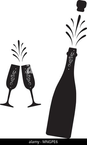 Illustrazione Vettoriale della bottiglia di champagne esplosione con il tifo occhiali silhouette simbolo icona segno isolato su sfondo bianco Illustrazione Vettoriale