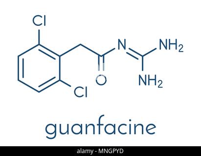 Guanfacine ADHD molecola di farmaco. Formula di scheletro. Illustrazione Vettoriale